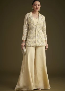 Cream Embroidered Croptop Palazzo And Jacket Set