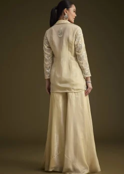 Cream Embroidered Croptop Palazzo And Jacket Set