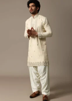 Cream Embroidered Linen Kurta Salwar For Men