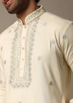Cream Embroidered Linen Kurta Salwar For Men