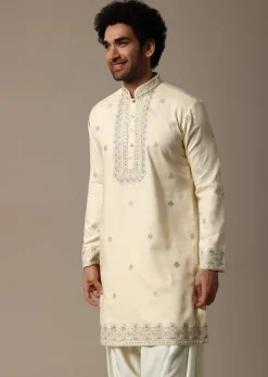 Cream Embroidered Linen Kurta Salwar For Men