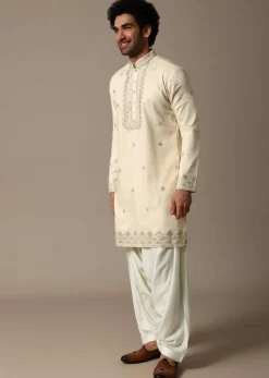 Cream Embroidered Linen Kurta Salwar For Men