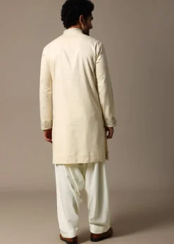 Cream Embroidered Linen Kurta Salwar For Men