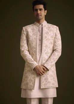 Cream Embroidered Sherwani With Thread And Sequin Work