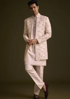 Cream Embroidered Sherwani With Thread And Sequin Work