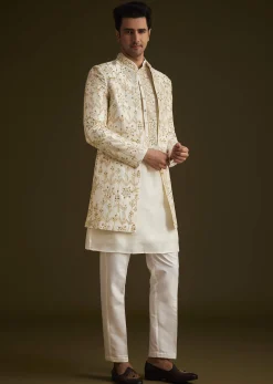 Cream Embroidered Sherwani Set