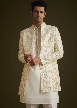 Cream Embroidered Sherwani Set