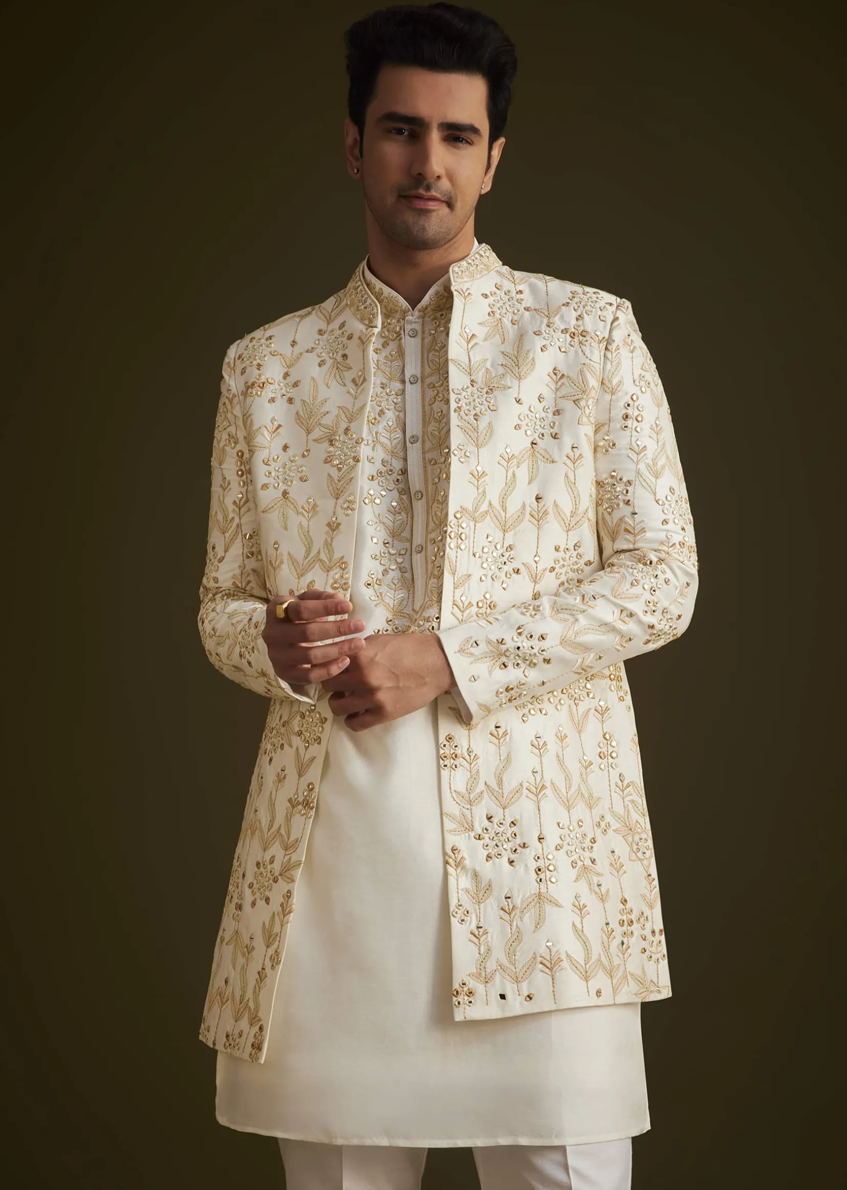 Cream Embroidered Sherwani Set