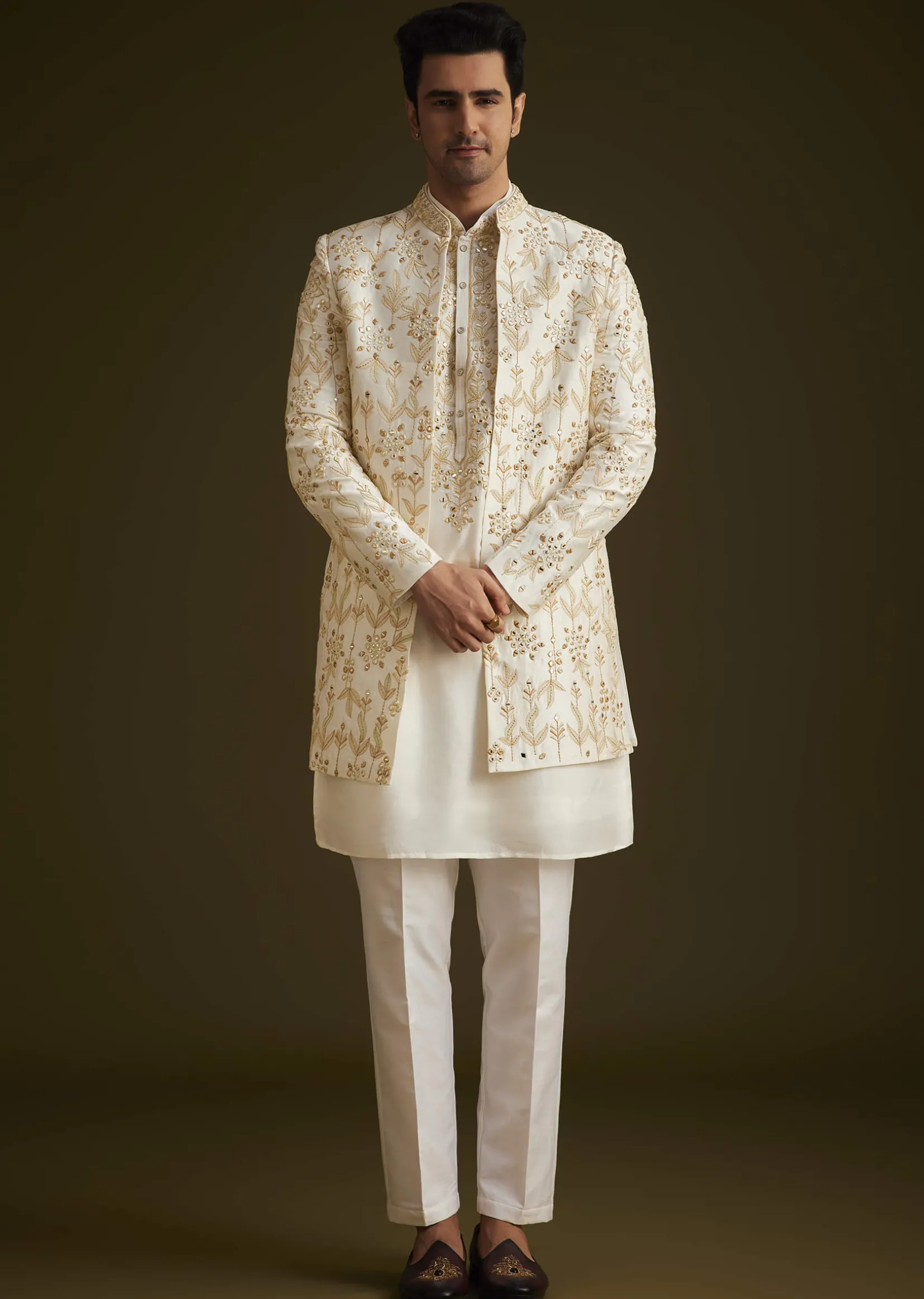 Cream Embroidered Sherwani Set