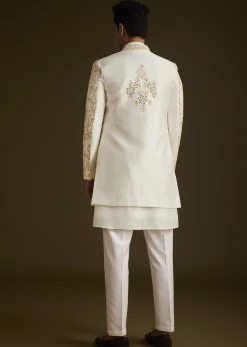 Cream Embroidered Sherwani Set