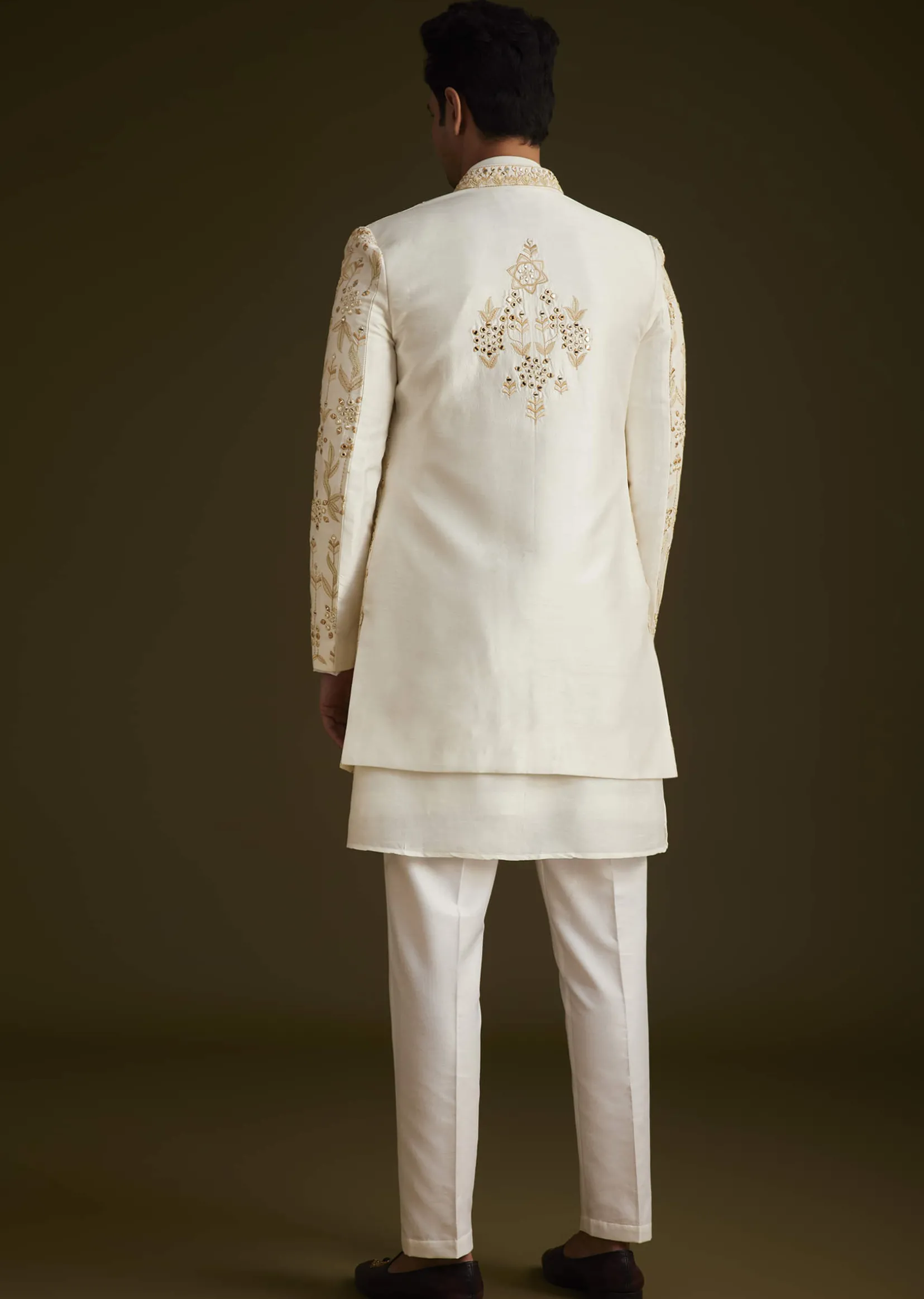 Cream Embroidered Sherwani Set