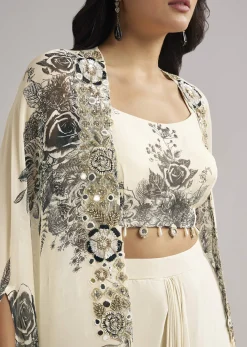 Cream Floral Cape Set With Crop Top And Skirt