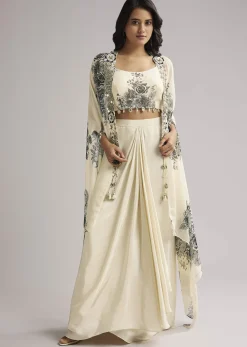 Cream Floral Cape Set With Crop Top And Skirt