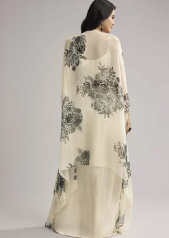 Cream Floral Cape Set With Crop Top And Skirt