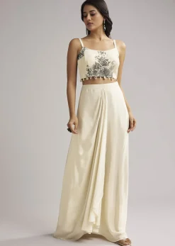 Cream Floral Cape Set With Crop Top And Skirt