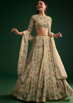 Cream Floral Lehenga Choli With Organza Dupatta