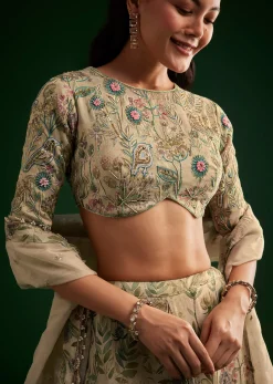 Cream Floral Lehenga Choli With Organza Dupatta