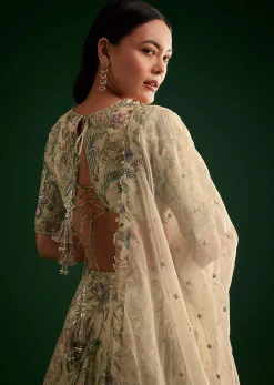 Cream Floral Lehenga Choli With Organza Dupatta