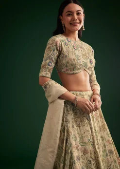 Cream Floral Lehenga Choli With Organza Dupatta