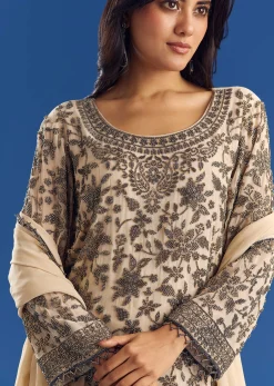 Cream Georgette Fully Beaded Kurta Pant Set With Dupatta