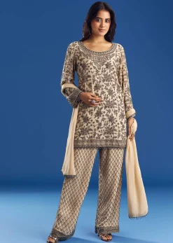 Cream Georgette Fully Beaded Kurta Pant Set With Dupatta