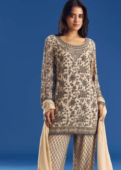 Cream Georgette Fully Beaded Kurta Pant Set With Dupatta