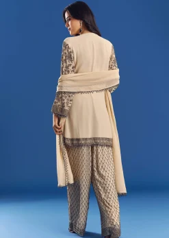 Cream Georgette Fully Beaded Kurta Pant Set With Dupatta