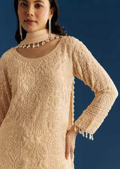 Cream Georgette Kurta Pant Set With Beaded Dupatta