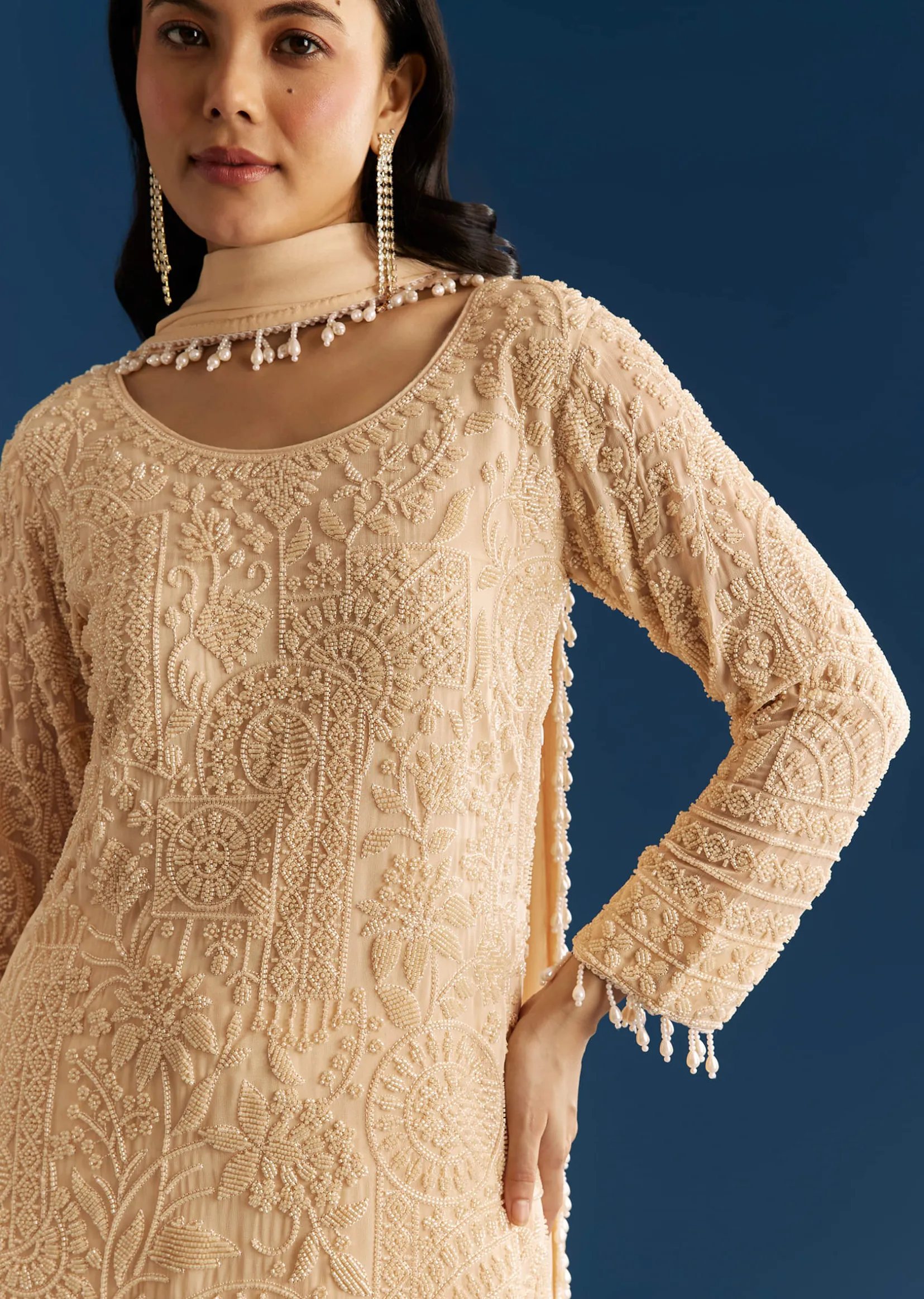 Cream Georgette Kurta Pant Set With Beaded Dupatta