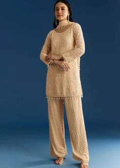 Cream Georgette Kurta Pant Set With Beaded Dupatta