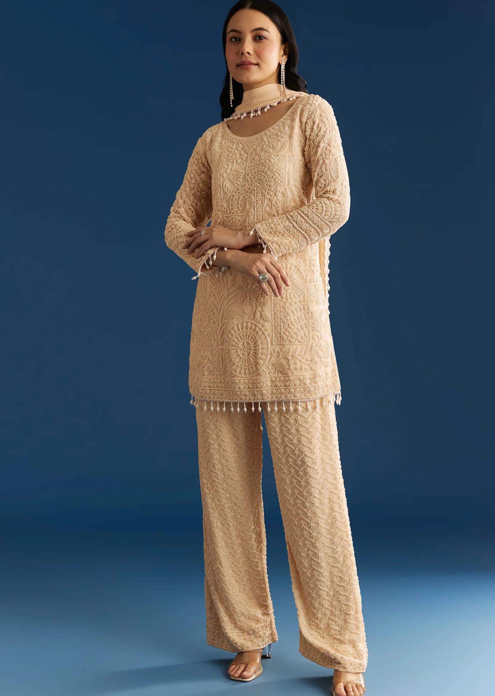 Cream Georgette Kurta Pant Set With Beaded Dupatta