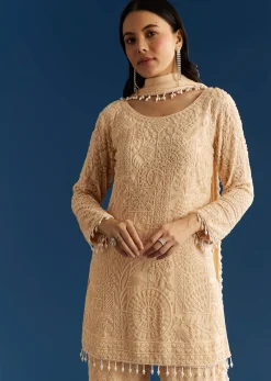 Cream Georgette Kurta Pant Set With Beaded Dupatta
