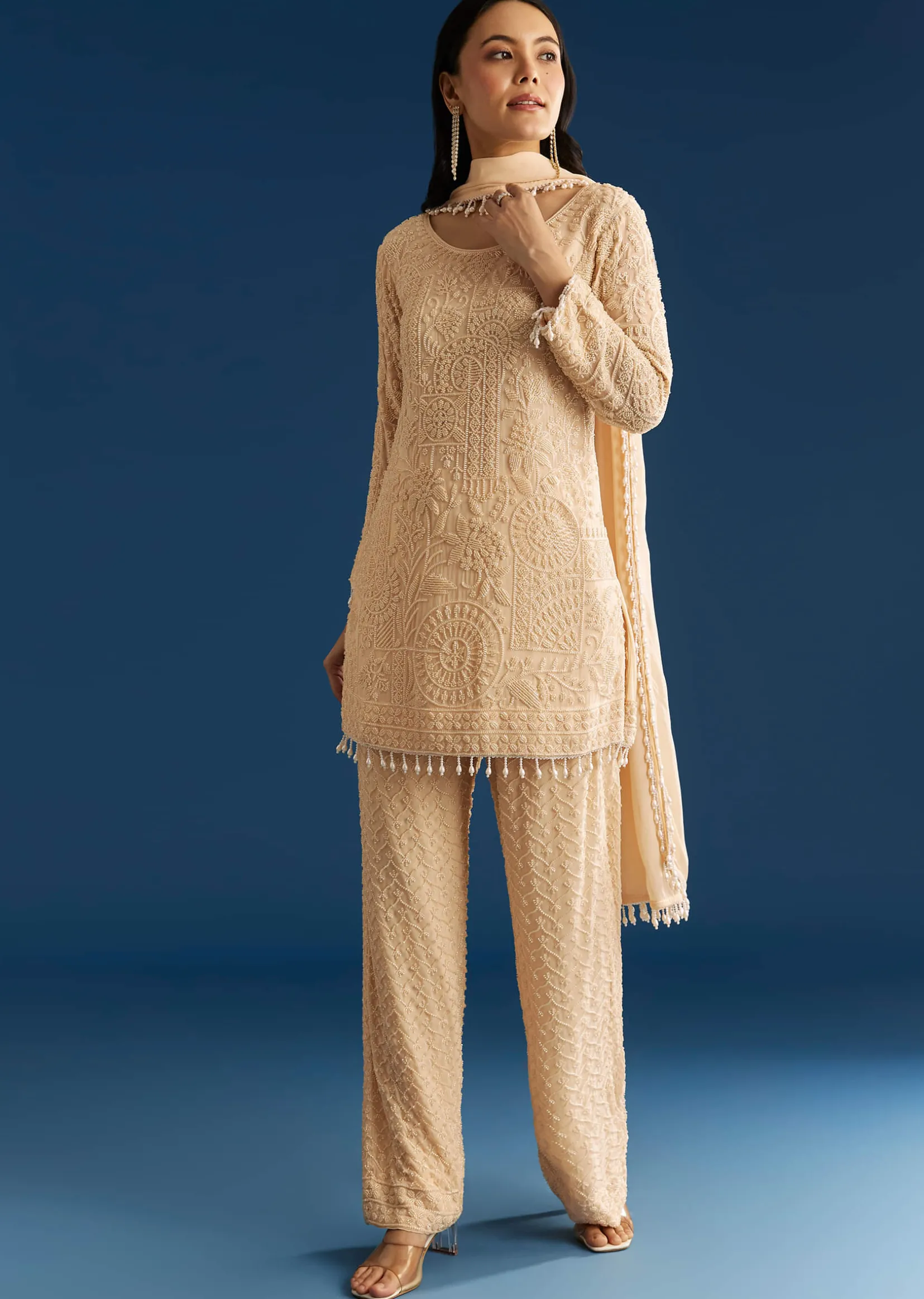 Cream Georgette Kurta Pant Set With Beaded Dupatta