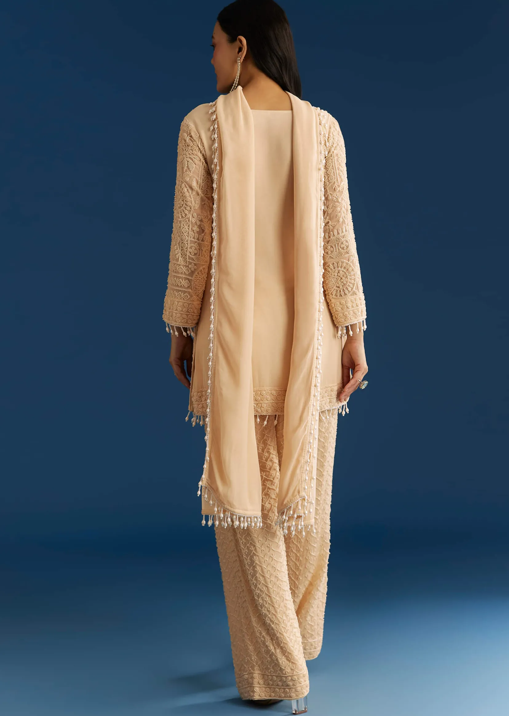 Cream Georgette Kurta Pant Set With Beaded Dupatta