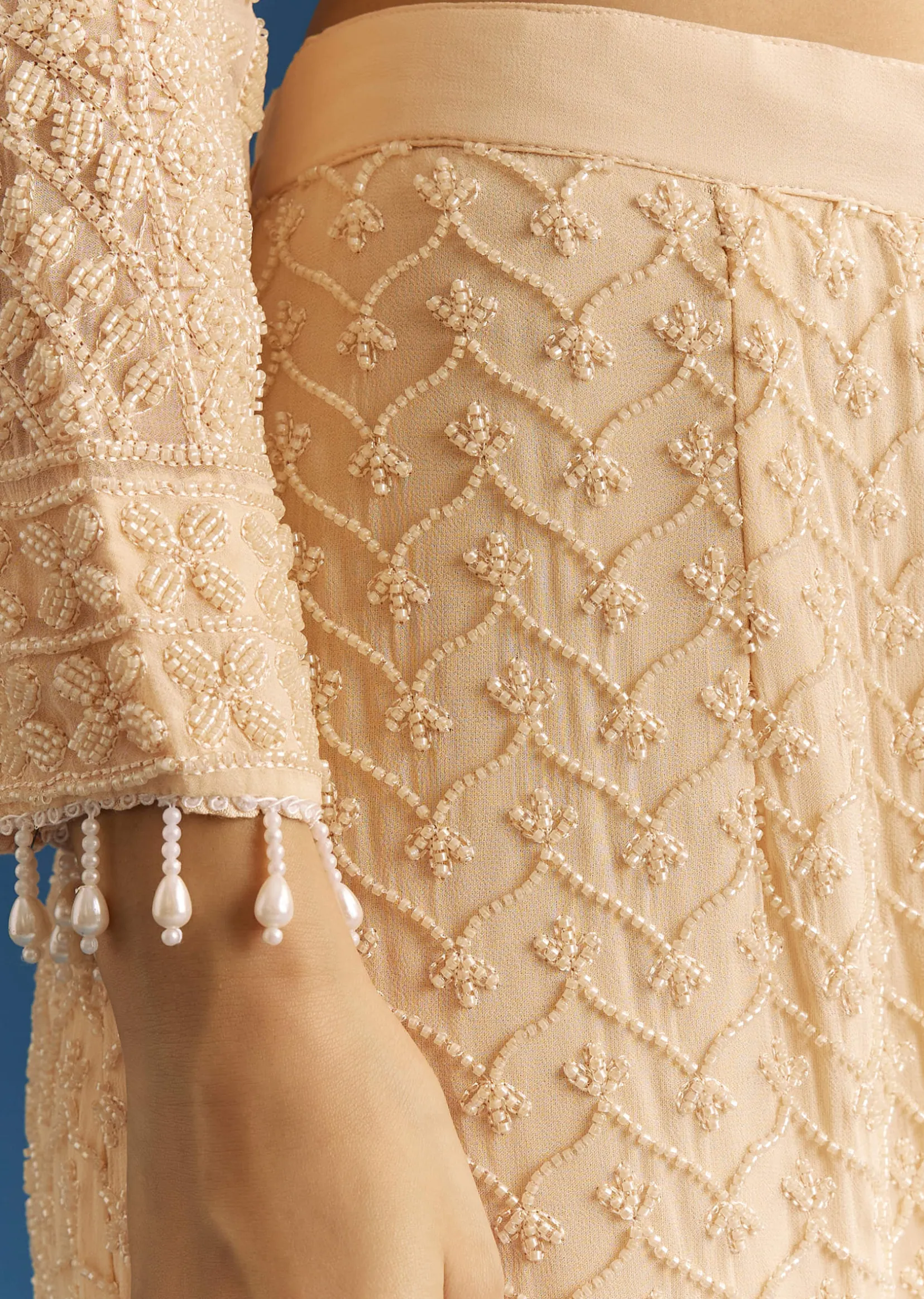 Cream Georgette Kurta Pant Set With Beaded Dupatta