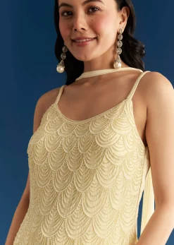 Cream Georgette Kurta Sharara Set With Dupatta