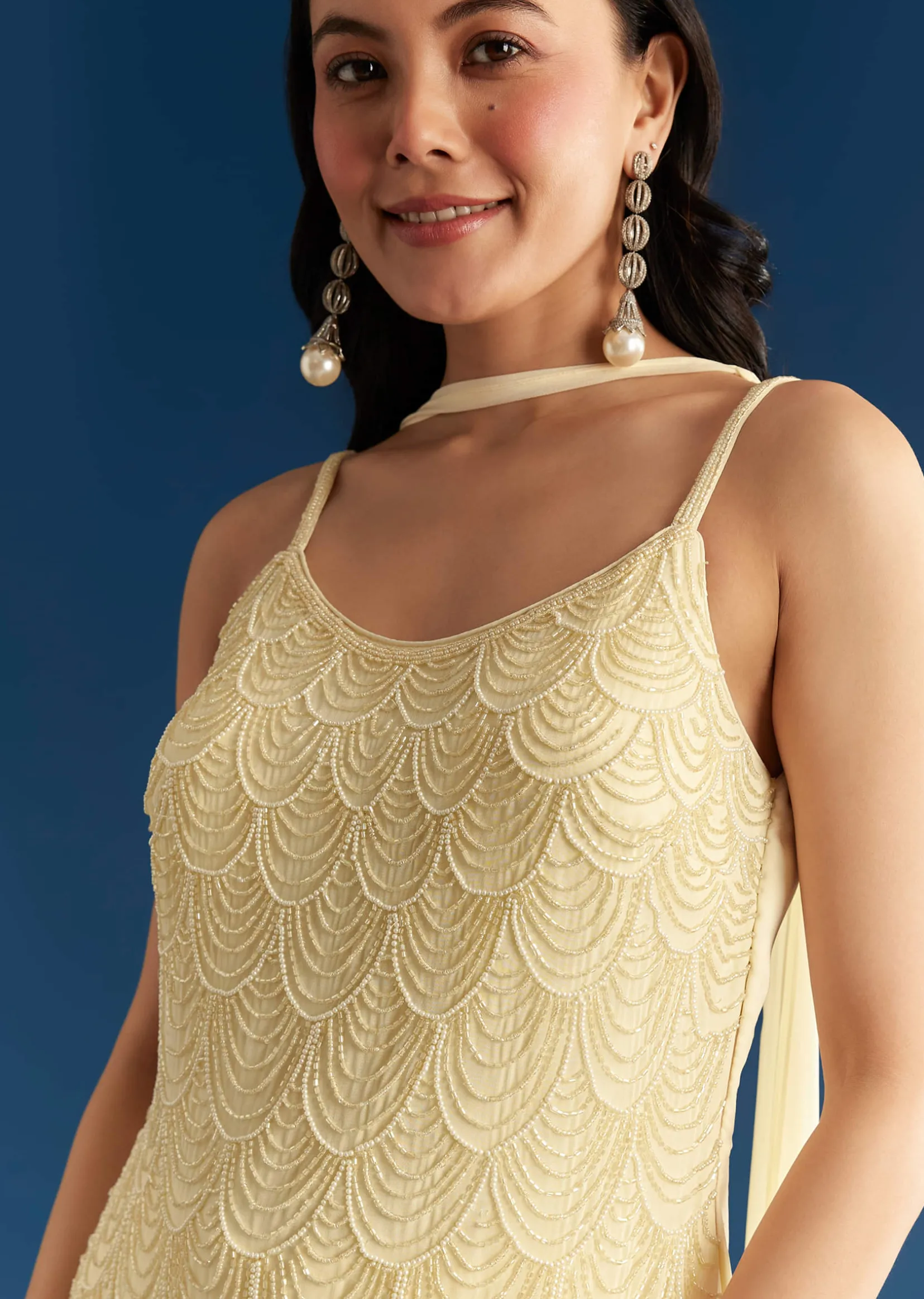 Cream Georgette Kurta Sharara Set With Dupatta