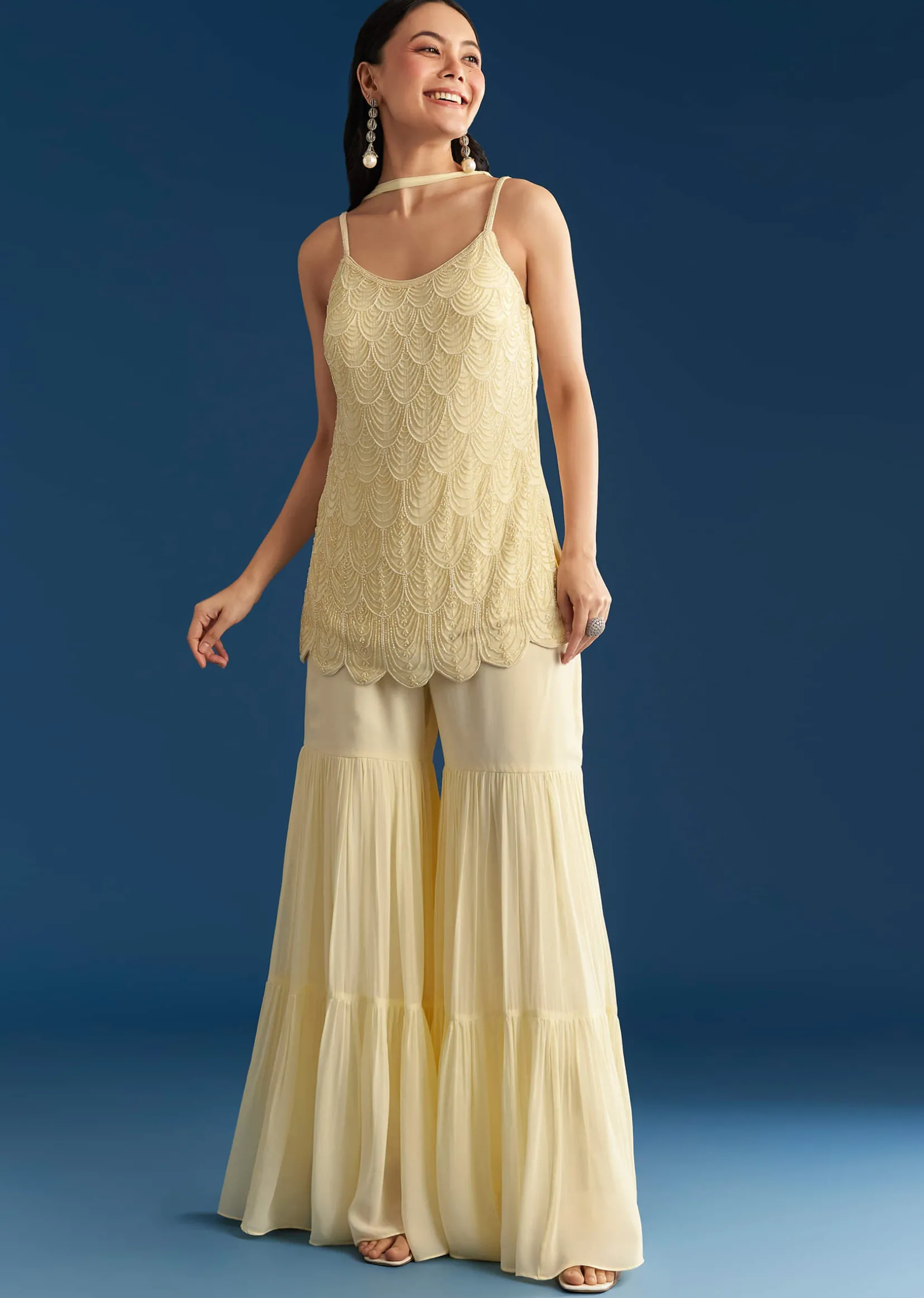 Cream Georgette Kurta Sharara Set With Dupatta