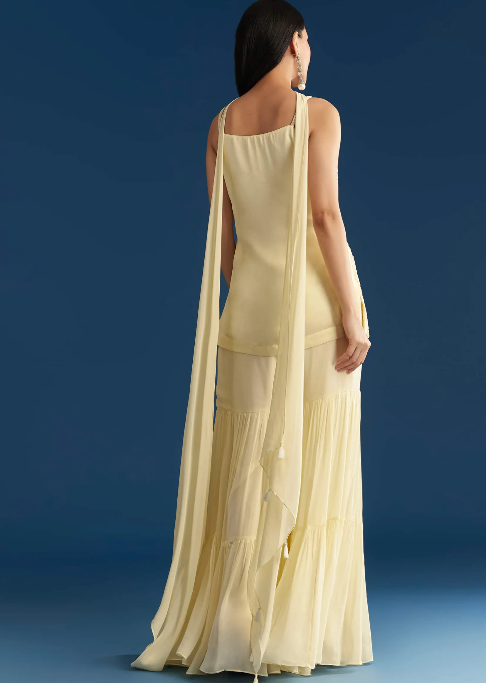 Cream Georgette Kurta Sharara Set With Dupatta