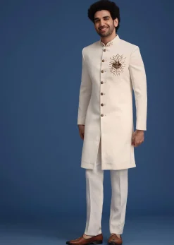 Cream Indowestern Suit With Zari And Metal Work Broach
