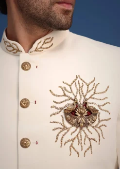 Cream Indowestern Suit With Zari And Metal Work Broach