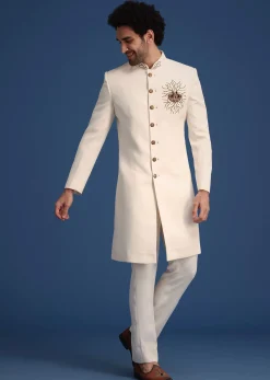 Cream Indowestern Suit With Zari And Metal Work Broach