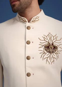 Cream Indowestern Suit With Zari And Metal Work Broach