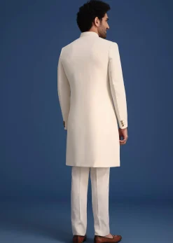 Cream Indowestern Suit With Zari And Metal Work Broach