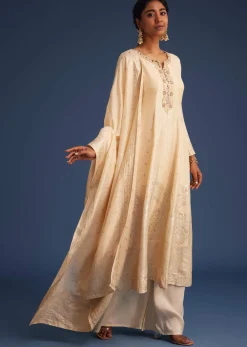 Cream Jacquard Kurta Set With Banarasi Silk Dupatta