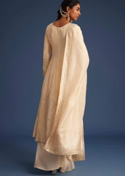 Cream Jacquard Kurta Set With Banarasi Silk Dupatta