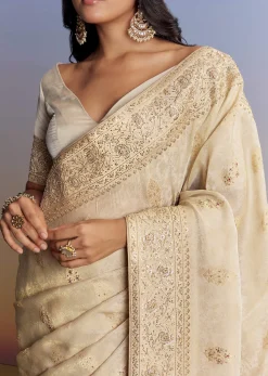 Cream Jacquard Silk Saree With Zari Brocade And Zardosi Embellished Pallu
