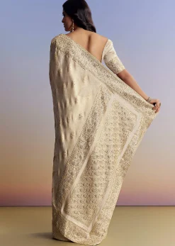 Cream Jacquard Silk Saree With Zari Brocade And Zardosi Embellished Pallu