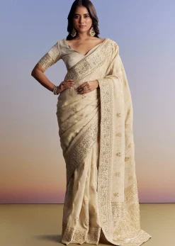 Cream Jacquard Silk Saree With Zari Brocade And Zardosi Embellished Pallu