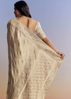 Cream Jacquard Silk Saree With Zari Brocade And Zardosi Embellished Pallu
